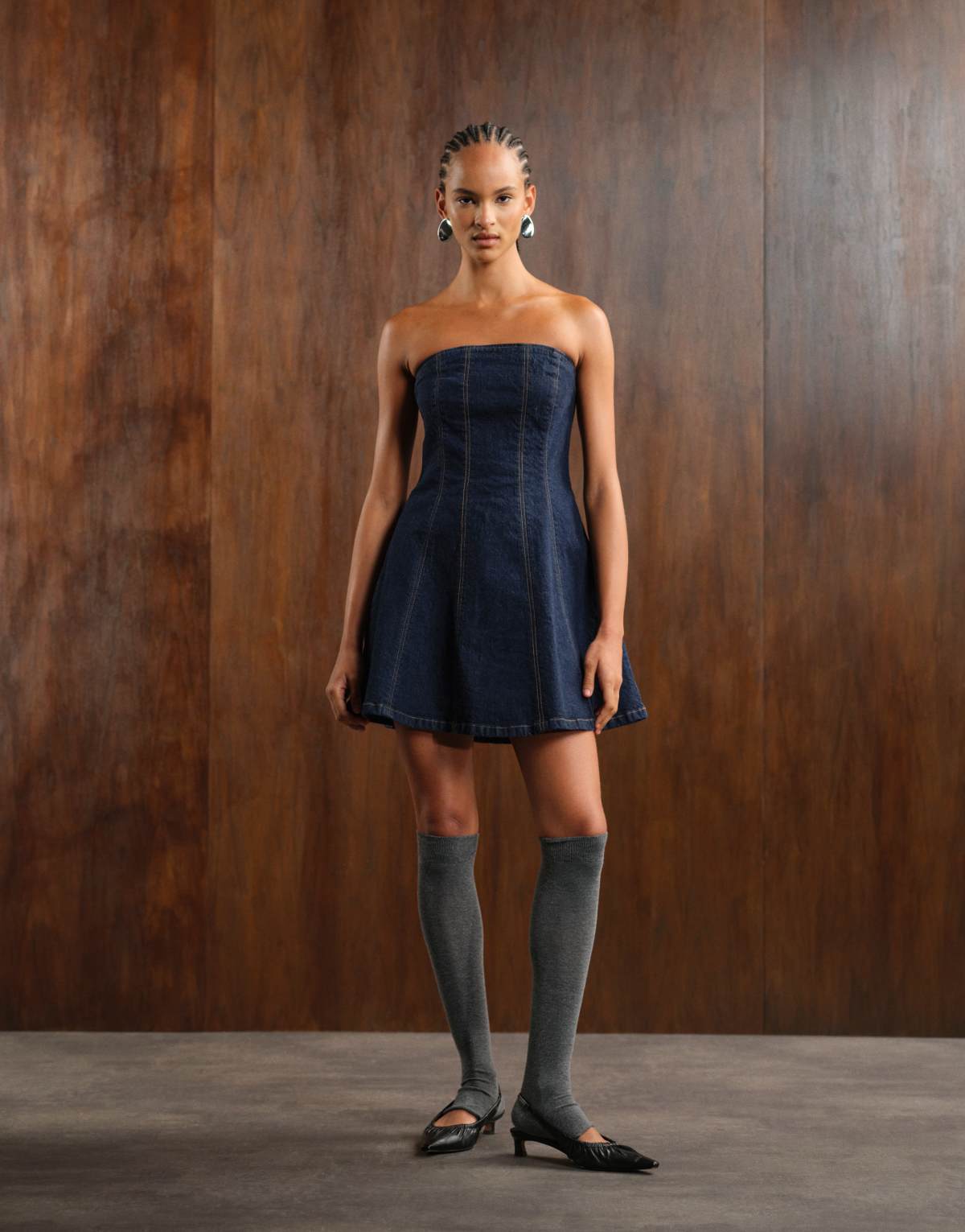 Abercrombie & Fitch strapless flowy denim mini dress in indigo