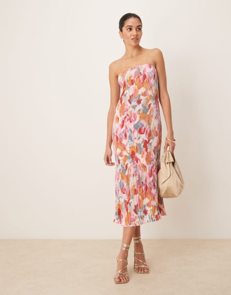 Abercrombie & Fitch strapless giselle pleat midi dress in yellow abstract - view 1