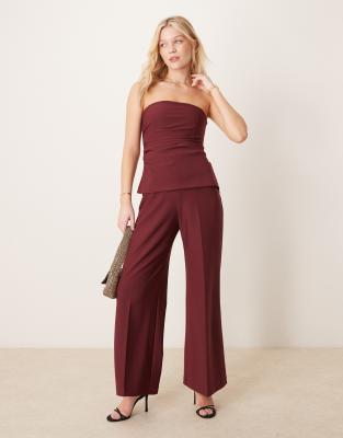 strapless longline tube jumpsuit with velvet detailing in burgundy-Red