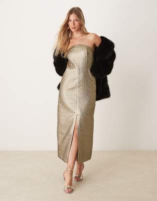 Abercrombie & Fitch Abercrombie & Fitch strapless midi dress in gold metallic