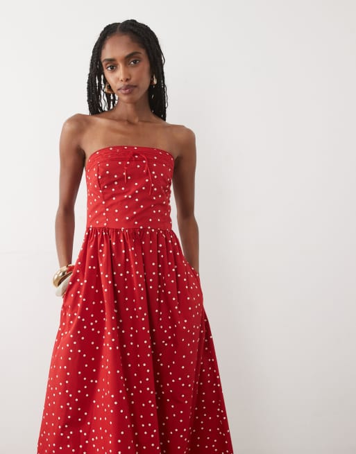 Abercrombie & Fitch strapless midi dress in red polka dot, 3 of 4
