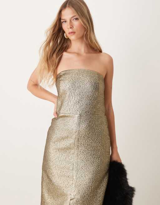 Abercrombie & Fitch - Strapless midi jurk in metallic goud, 2 van 4