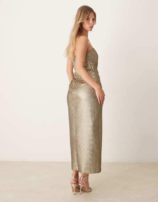 Abercrombie & Fitch - Strapless midi jurk in metallic goud, 3 van 4