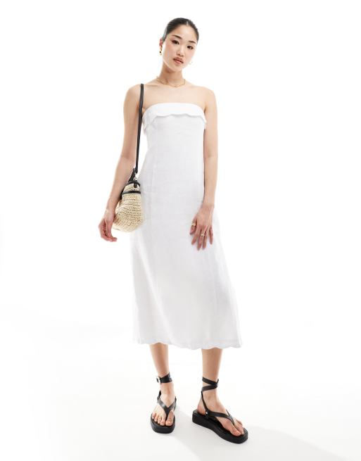 Abercrombie & Fitch - Strapless midi jurk van linnen mix met geschulpte zoom in wit
