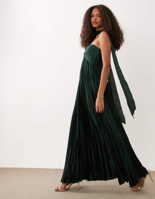 Abercrombie & Fitch Strapless Plisse Maxi Dress With Scarf Detail In Green