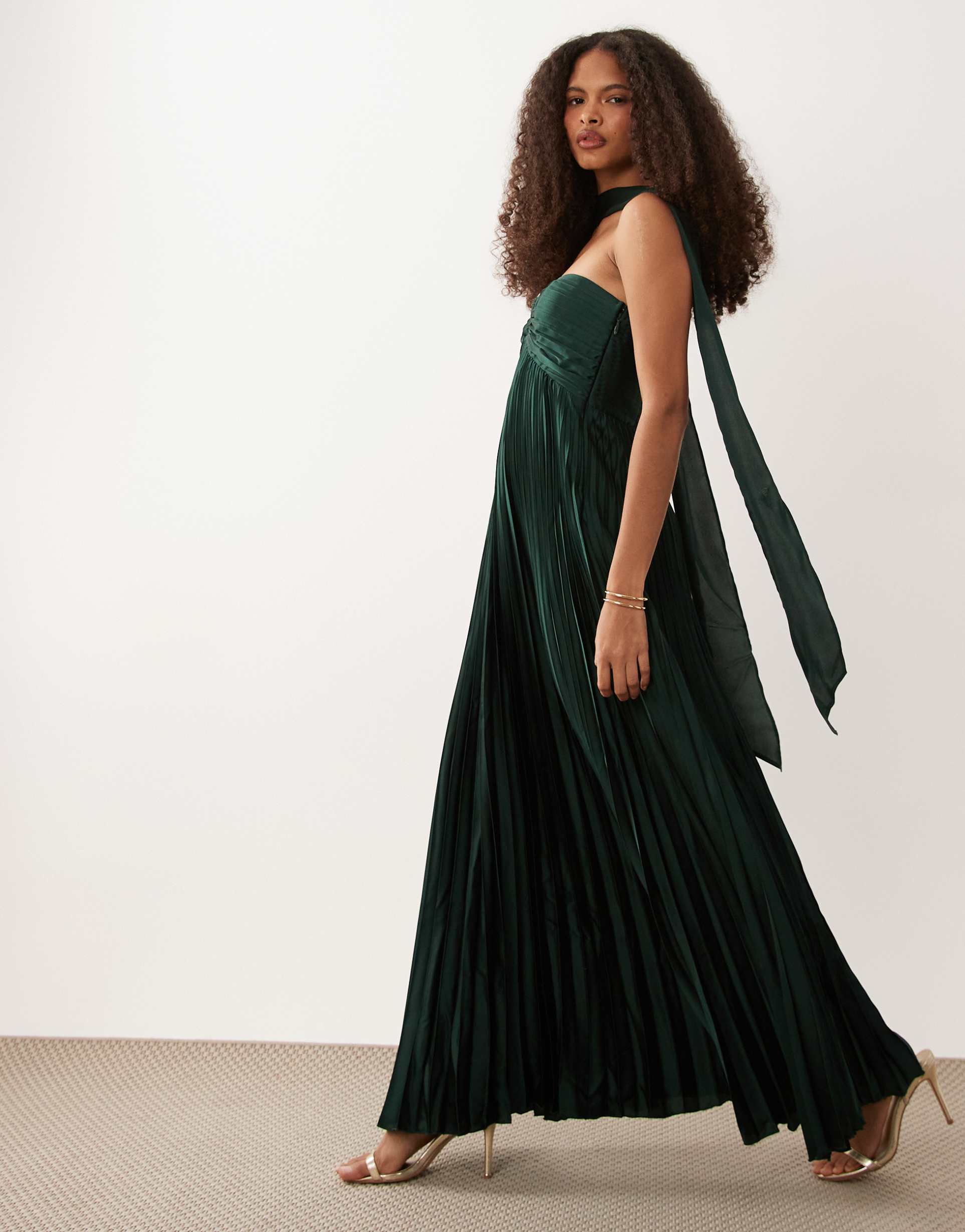 abercrombie & fitch strapless plisse maxi dress with scarf detail in dark green