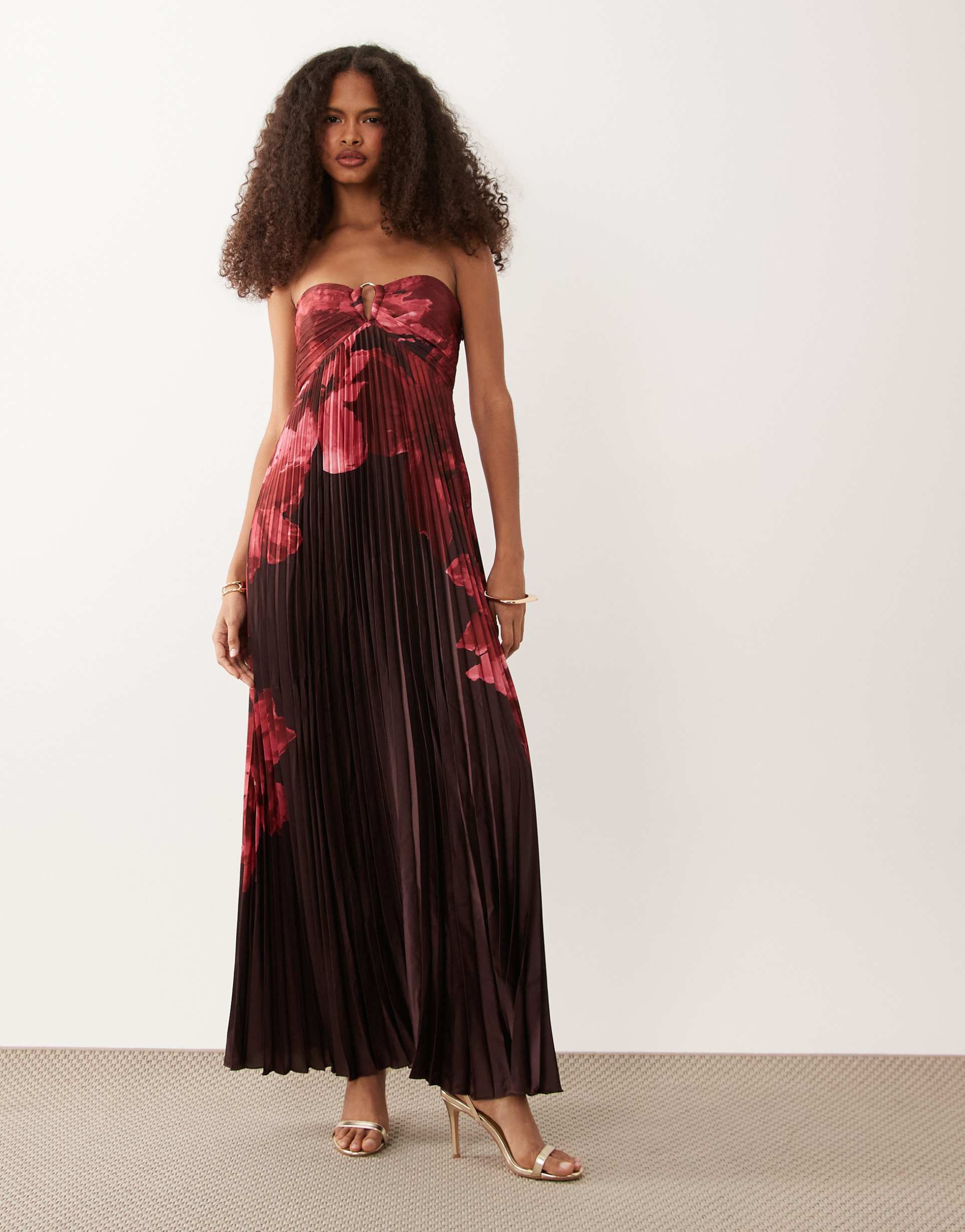 abercrombie & fitch strapless plisse maxi dress with scarf detail in pink floral