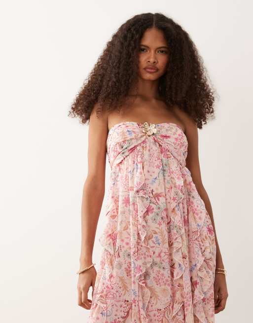 Abercrombie & Fitch strapless ruffle hardware maxi dress in pink floral, 2 of 4