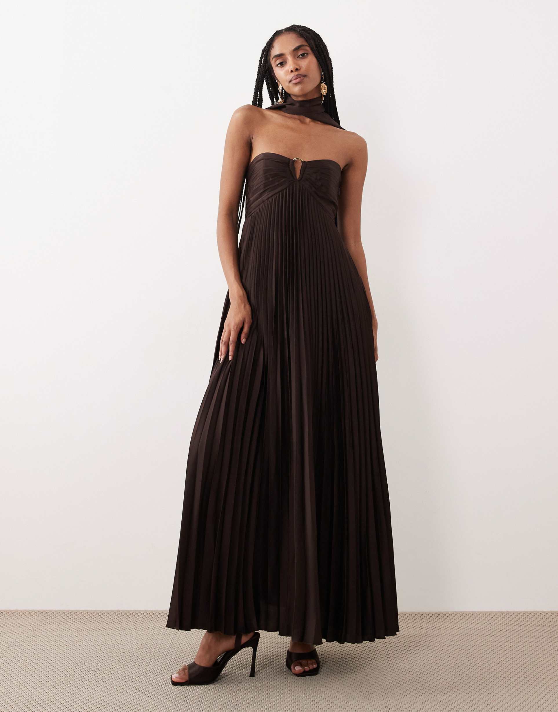 abercrombie & fitch strapless scarf babydoll maxi dress in brown