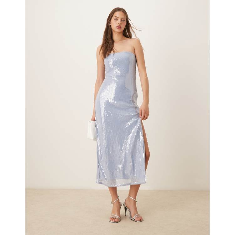 Abercrombie & Fitch strapless sequin slip midi dress in blue