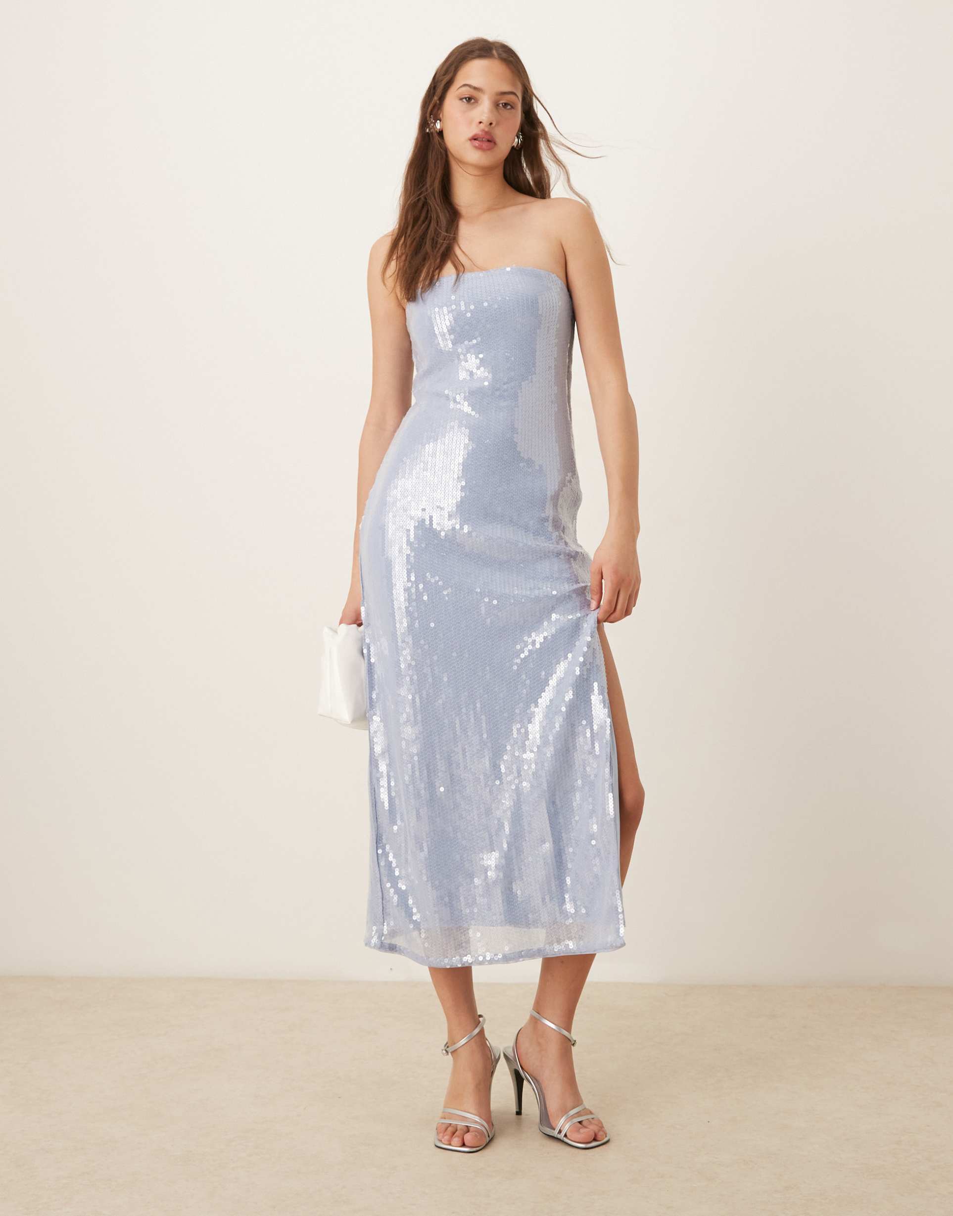 abercrombie & fitch strapless sequin slip midi dress in blue