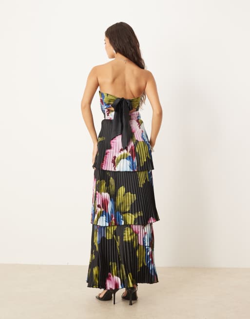 abercrombie and fitch black floral dress Abercrombie & Fitch strapless tiered maxi satin dress in black floral