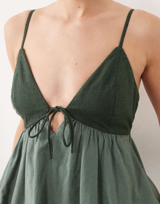 Abercrombie & Fitch strappy flowy mini dress skort with built in bra in  dark green | ASOS