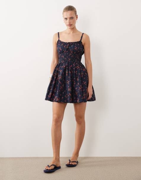 Abercrombie & Fitch strappy mini smock dress in navy strawberry print - view 1