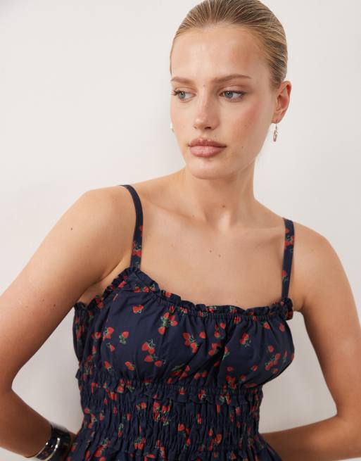 Abercrombie & Fitch strappy mini smock dress in navy strawberry print | ASOS