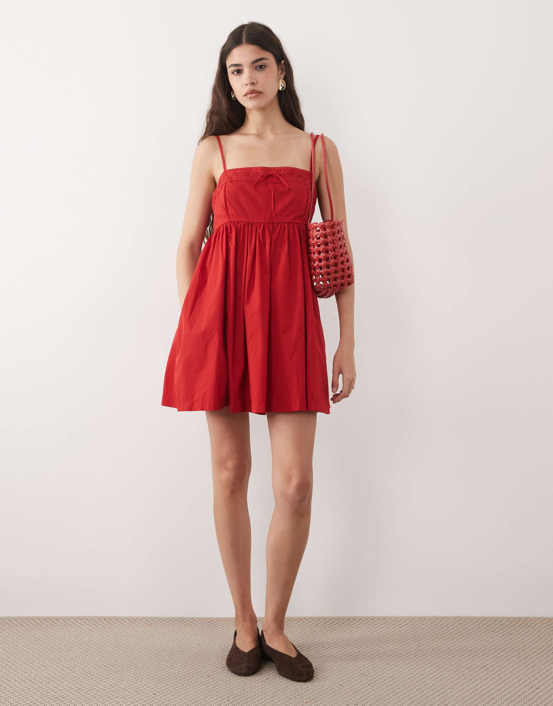 abercrombie & fitch strappy square neck babydoll mini dress in red