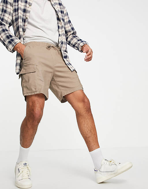 Abercrombie & Fitch stretch linen drawstring utility cargo shorts in desert taupe
