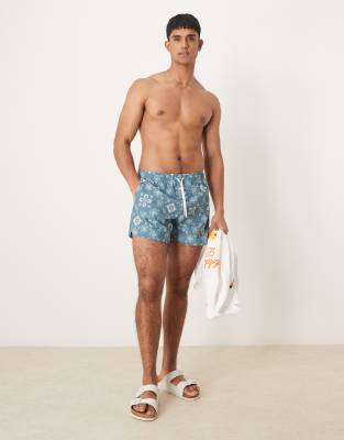 stretch swim shorts in blue grid print