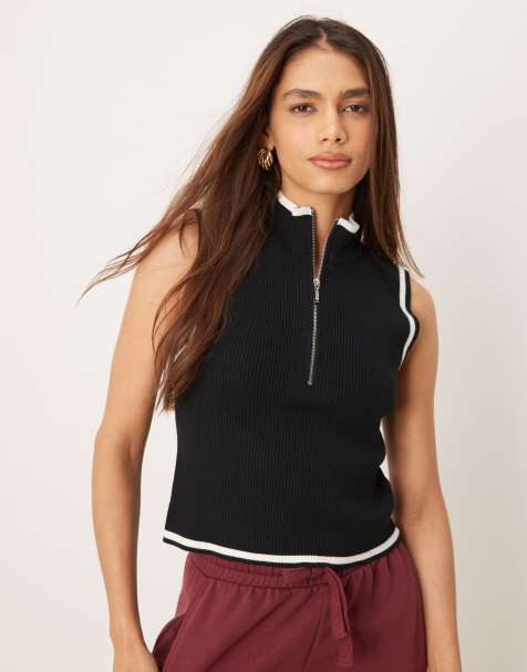 Abercrombie & Fitch – Strick-Trägertop in Schwarz mit Stehkragen und kurzem Reißverschluss - view 1