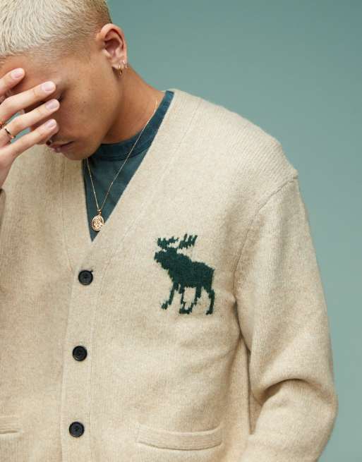 Abercrombie & Fitch – Strickjacke in meliertem Grau mit Intarsie-Markenlogo