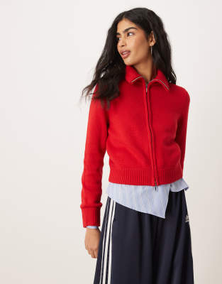 Abercrombie & Fitch - Strickjacke in Rot mit Kragen und durchgehendem Reißverschluss