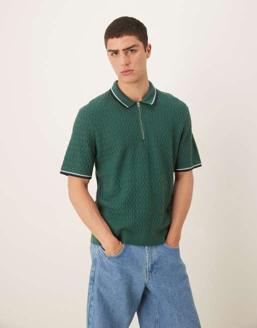 Abercrombie & Fitch – Strickoberteil in Grün mit Polokragen, halblangem Reißverschluss und Kontrast-Zierstreifen