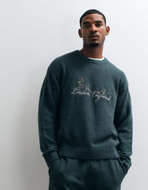 Abercrombie & Fitch Strickpullover mit Rundhalsausschnitt, London-Print, dunkelgrün, 2 von 5
