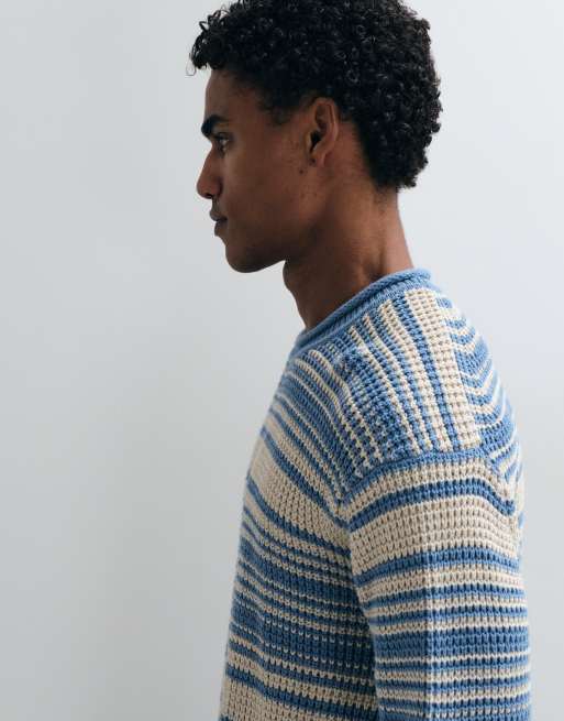 Abercrombie & Fitch Strickpullover mit Stehkragen in blauem Multistreifenmuster, 5 von 5