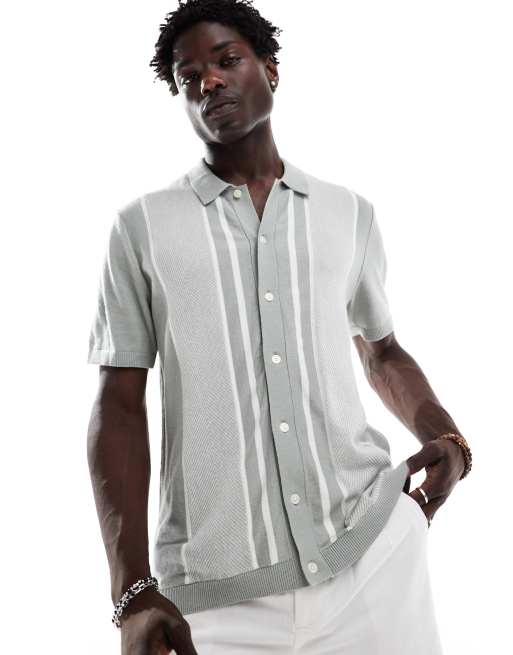 Abercrombie & Fitch - Strikket grå poloskjorte med retro-striber og knapper