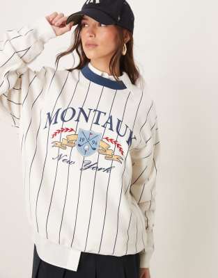abercrombie & fitch stripe detail motif fleece top in cream multi