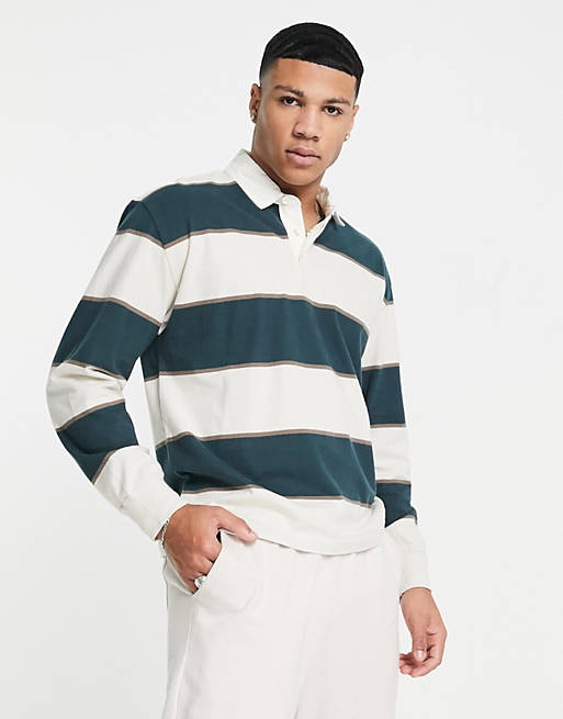 Abercrombie & Fitch stripe rugby polo in tan/green | ASOS