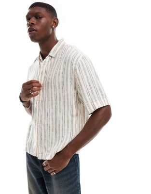 Abercrombie & Fitch striped linen short sleeve shirt in cream-Neutral φωτογραφία