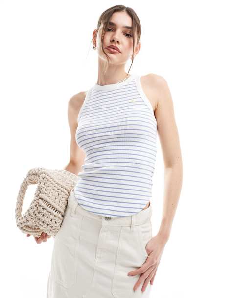 Abercrombie & Fitch striped racer vest with curved hem in white and blue - view 1