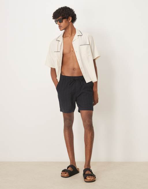 Abercrombie & Fitch – Strukturierte Shorts aus Leinen-Mix in Schwarz mit Tunnelzug, 6 Zoll Schrittlänge