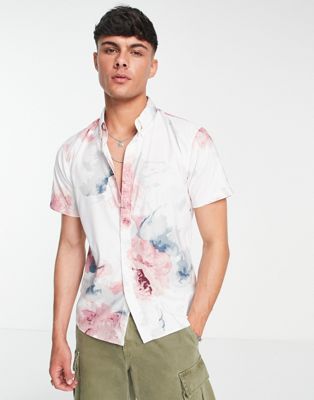 Abercrombie & Fitch summer abstract print short sleeve shirt in white/pink/navy