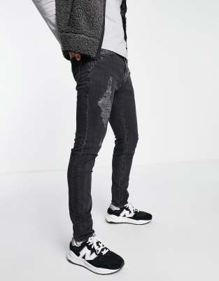 Abercrombie & Fitch – Superenge Jeans in verwaschenem Schwarz mit Zierrissen und Abreibungen