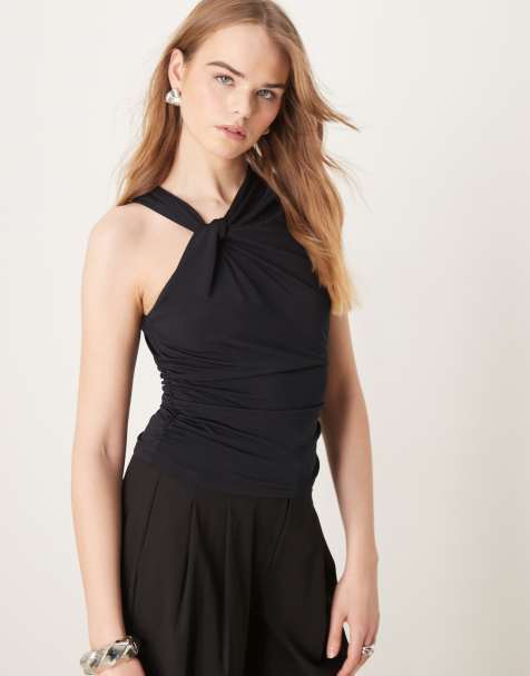Abercrombie & Fitch – Svart, asymmetrisk topp med drapering och snurrad knut framtill - view 1