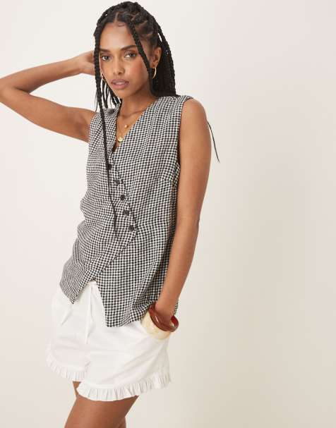 Abercrombie & Fitch – Svart, ginghamrutigt väst i linnetyg med lång modell och asymmetrisk design - view 1