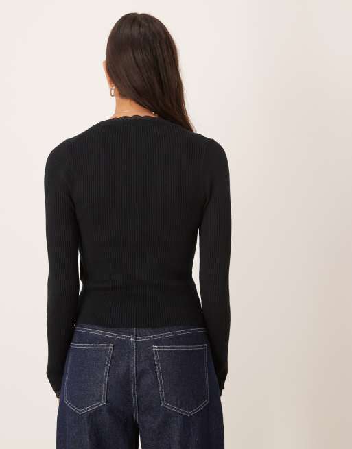 Abercrombie & Fitch – Svart, ribbad kofta med spetsdetaljer, 4 av 4