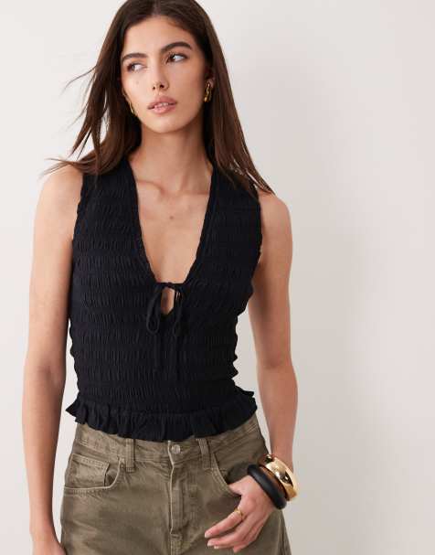 Abercrombie & Fitch – Svart, rynkad topp med v-ringning - view 1