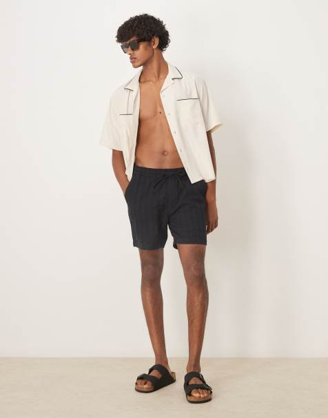 Abercrombie & Fitch – Svarta, strukturerad shorts i linnetyg med dragsko, 6 tum - view 1