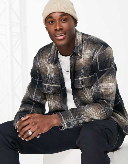 Abercrombie & Fitch – Svartrutig overshirt i kraftig flanell med avslappnad passform och ombre finish