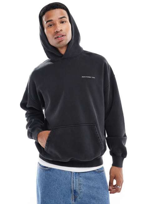Abercrombie & Fitch - Sweat à capuche oversize à logo intemporel - Noir délavé