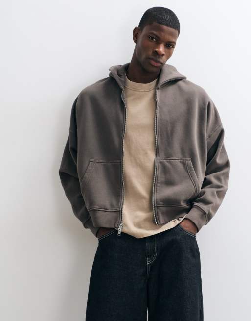 Abercrombie & Fitch sweat à capuche zippé essentiel gris délavé, 2 de 5