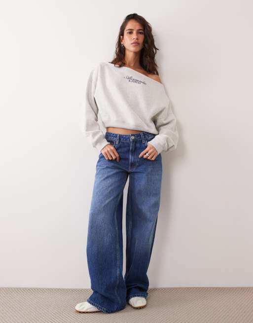 Abercrombie & Fitch sweat-shirt à épaules dénudées avec logo devant en gris, 2 de 4