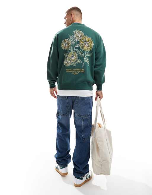 Abercrombie & Fitch – Sweatshirt in Dunkelgrün mit Formschnitt-Garten-Print auf dem Rücken und Stickerei