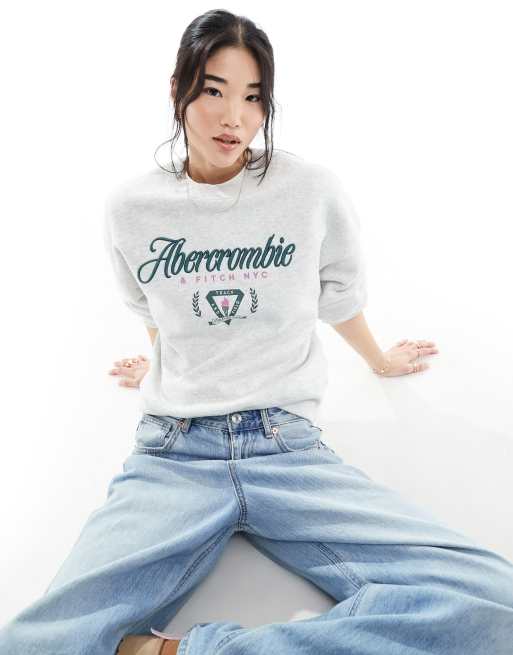 Abercrombie & Fitch – Sweatshirt in Grau mit Retro-Stickerei und Print