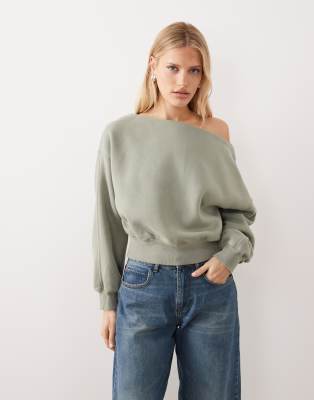 Abercrombie & Fitch - Sweatshirt in Grün mit kleinem U-Boot-Ausschnitt
