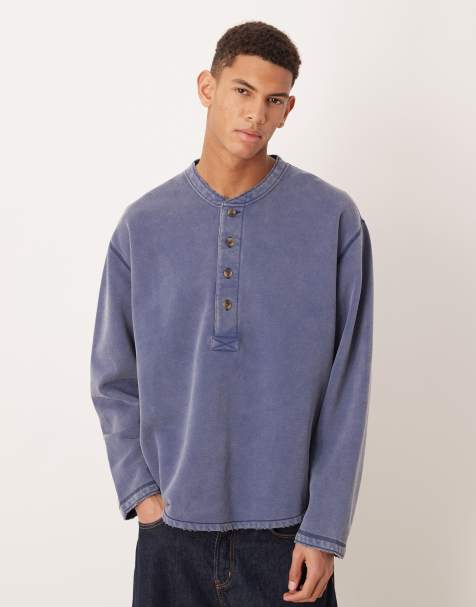 Abercrombie & Fitch – Sweatshirt in verwaschenem Indigoblau mit Henley-Kragen - view 1
