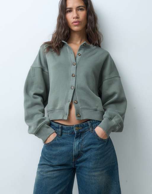 Abercrombie & Fitch sweatvest met boxy pasvorm in kaki, 5 van 5